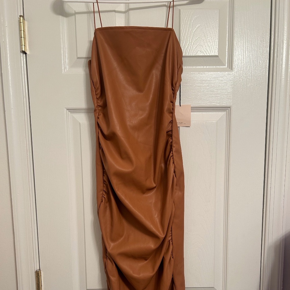 Superdown midi bodycon faux leather brown cocktail dress aXs